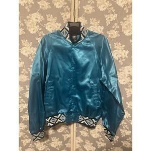 Vintage Black Sheep Blue Turquoise Sz M Satin Aztec Print Bomber Womens Western